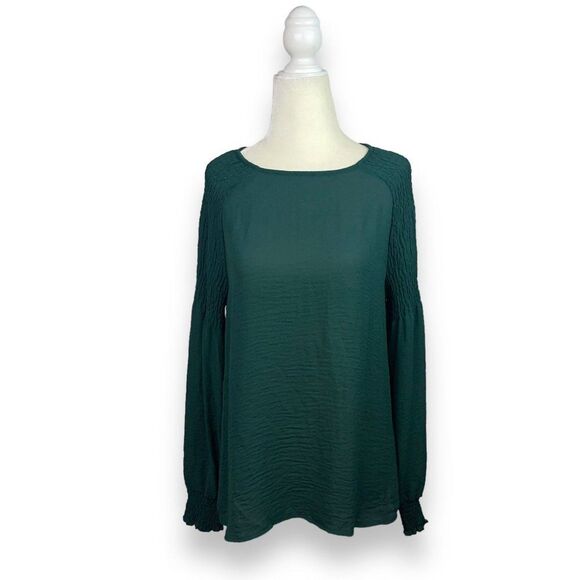 a.n.a. Emerald Green Blouse with Ruched Sleeves - Picture 2 of 10